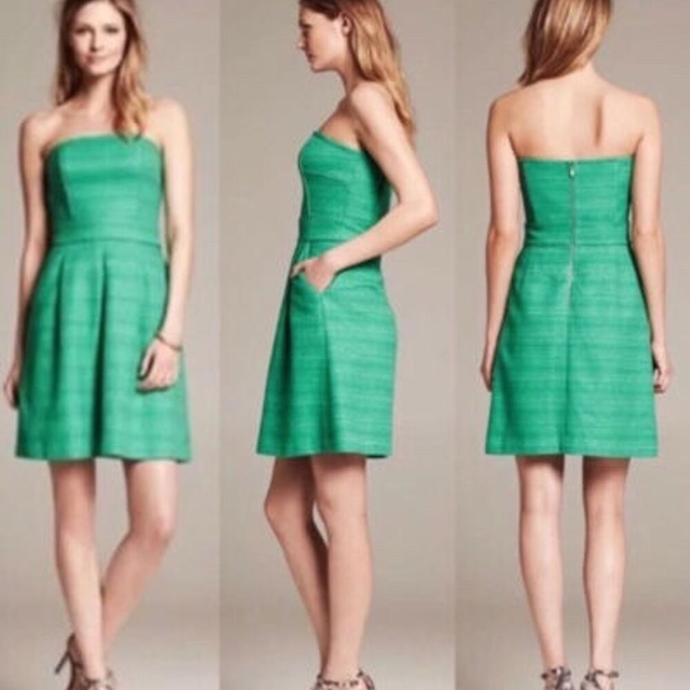 Bannana Republic Jadite Green Tweed Strapless Pleated Skirt Dress, Size 6  NWOT